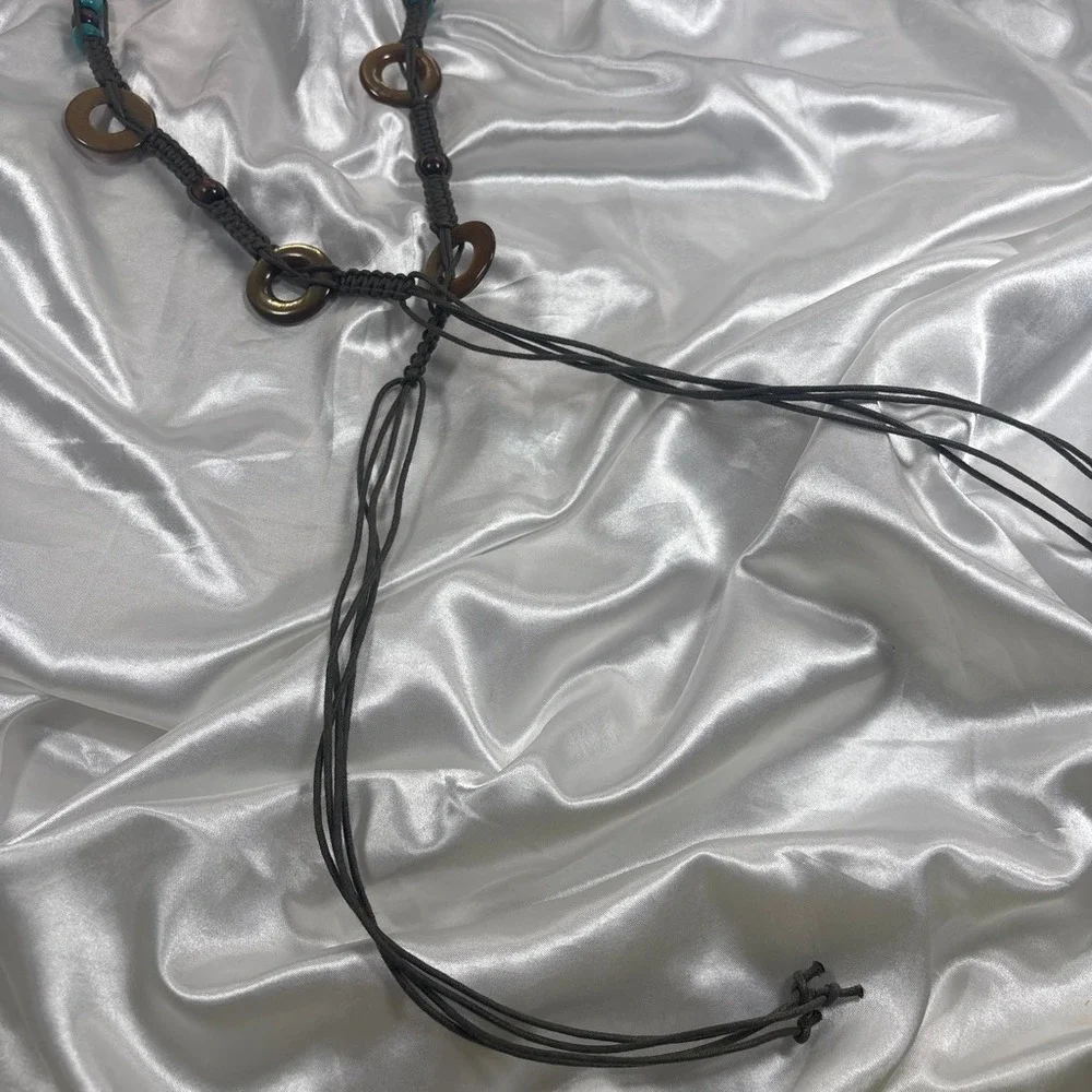 y2k boho Macrame Belt Grey Turquoise Wood Bead Coconut Shell Tassel